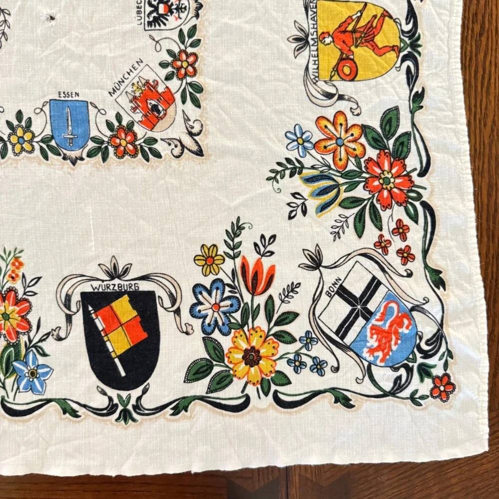 Vintage German Cities Souvenir Tablecloth Floral Crests Coats of Arms White
